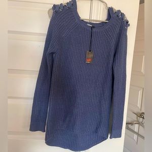 Blue Lace-up Shoulder Sweater